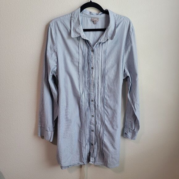 J.Jill Blue & White Collared Striped Pleated Long Sleeve Button Up Shirt sz M - Picture 1 of 7